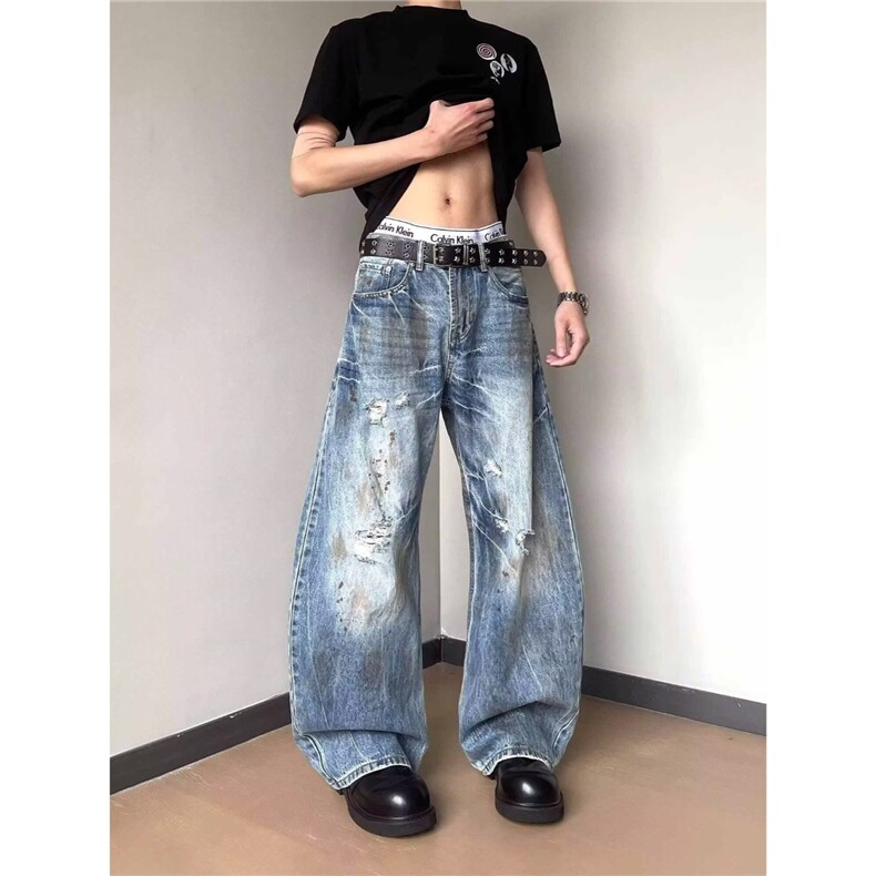 美式高街脏染水洗做旧破洞牛仔裤男宽松弯刀阔腿夏季潮牌痞帅裤子图片