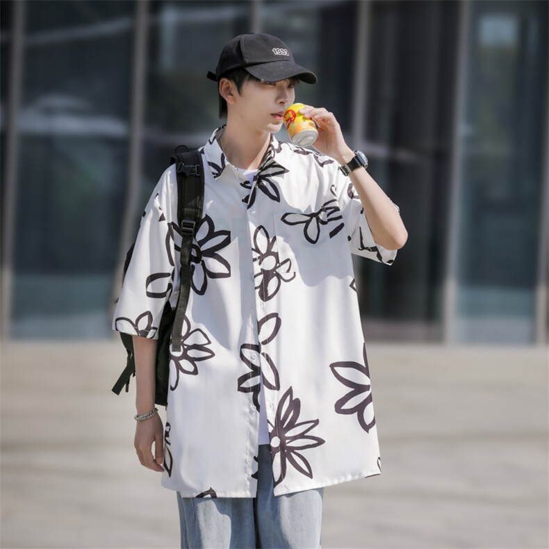 2025夏装花朵印花短袖冰丝衬衫男女潮流衬衣C309P35,男装T恤,电商C323
