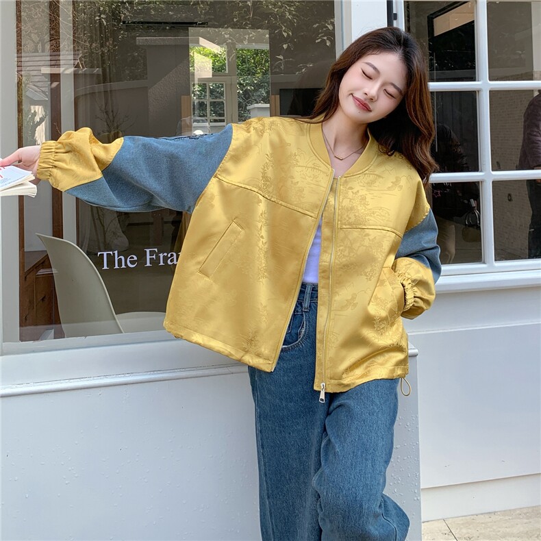 新中式国风拼接黄色短外套女春秋2025新款小个子小众百搭休闲夹克,女装短外套,2C057
