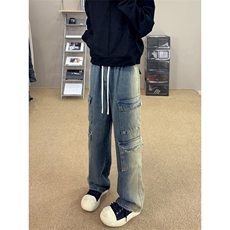 B221美式ins高街暗黑多口袋宽松工装牛仔裤LK23143-P80控108，男装牛仔裤，电商B221