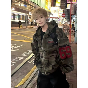 复古美式迷彩开衫卫衣男款春秋季欧美街头hiphop痞帅拉链连帽外套图片