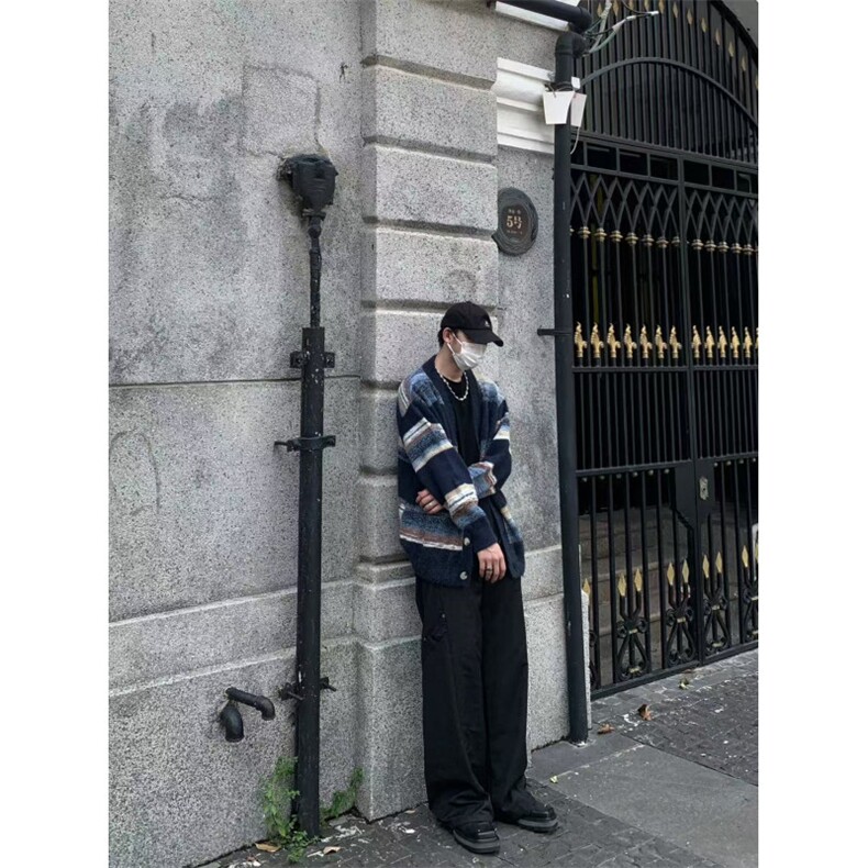 网图美式复古条纹毛衣开衫外套男高级感慵懒风针织衫MY3153-特P60,男装针织衫/毛衣,星座1007（原301D）