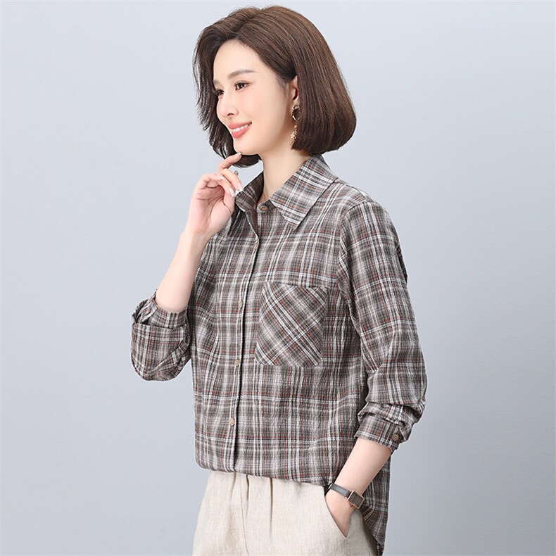 2025年春秋装新款潮小格子衬衫宽松显瘦韩版气质百搭衬衣女减龄,女装衬衫,独衣靓