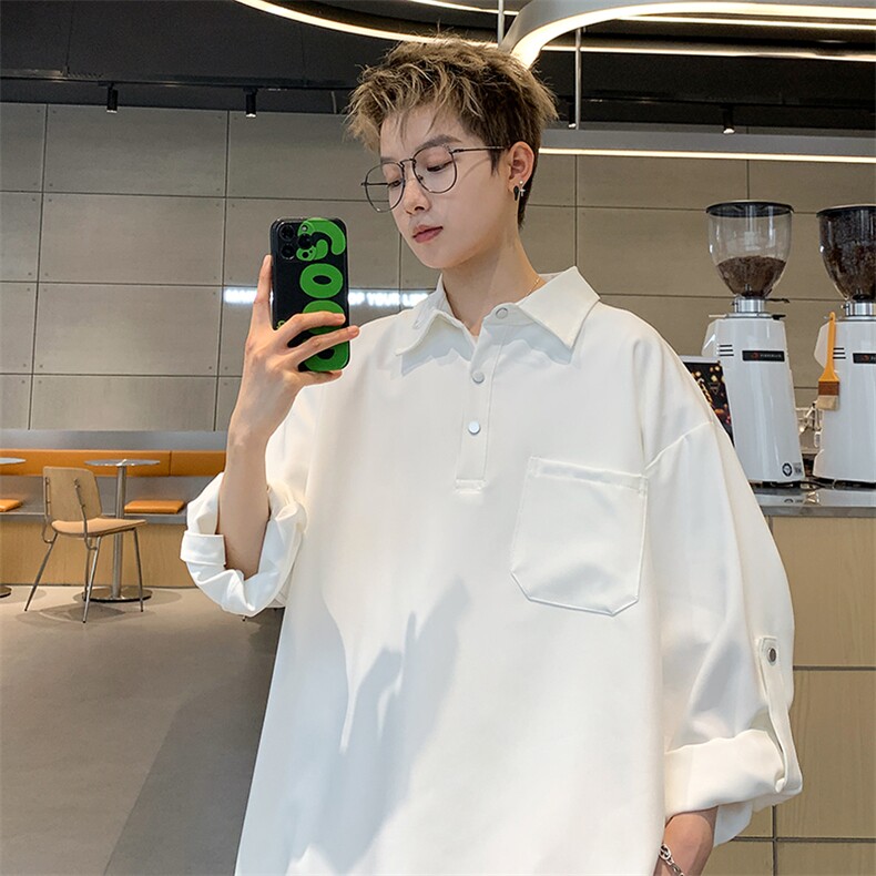 港风大码潮流宽松百搭套头翻领长袖衬衫男XZ213-CS8802-P55控68,男装衬衫,星座213