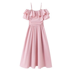 粉色泡泡袖一字肩连衣裙女长款2025夏季新款宽松甜美温柔风初恋裙，女装连衣裙，美静678