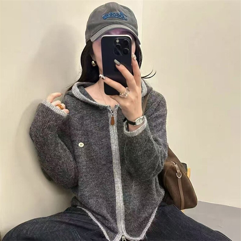 毛衣女极简风高领针织开衫女秋冬宽松大码毛衣外套短款上衣,针织衫/毛衣,暖姿羊绒