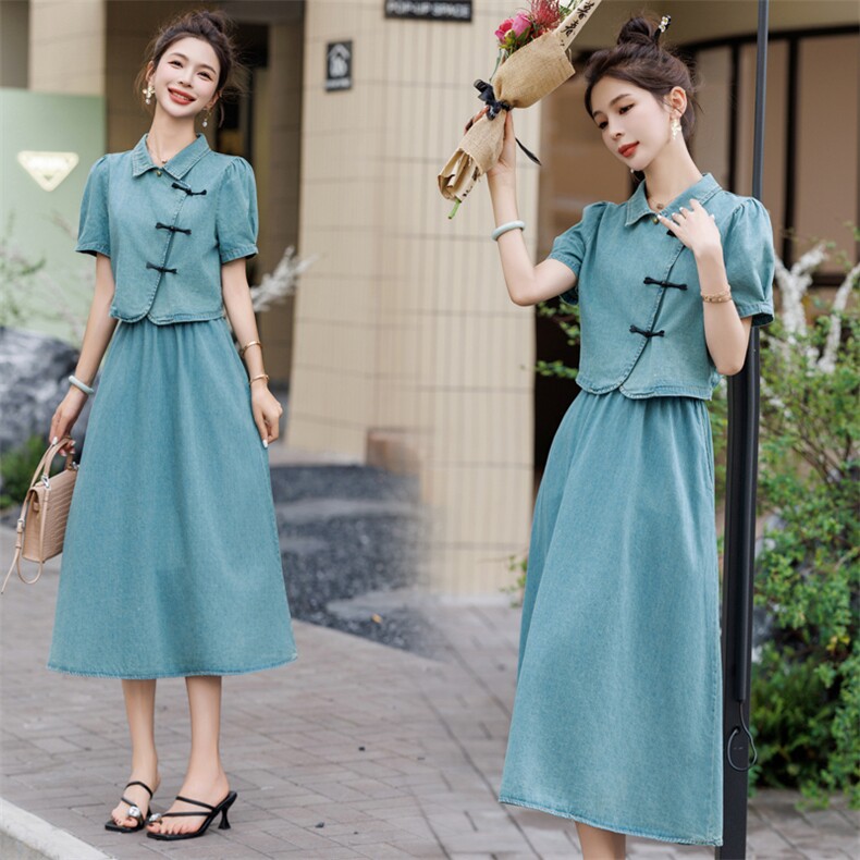 档口现货2024新款女装新中式牛仔连衣裙两件套裙，女装套装/套裙，靓星雨
