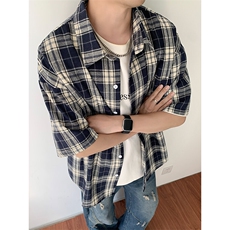 港风复古格子短袖衬衫男款夏季青少年潮流慵懒风宽松半袖衬衣外套，男装衬衫，电商A001