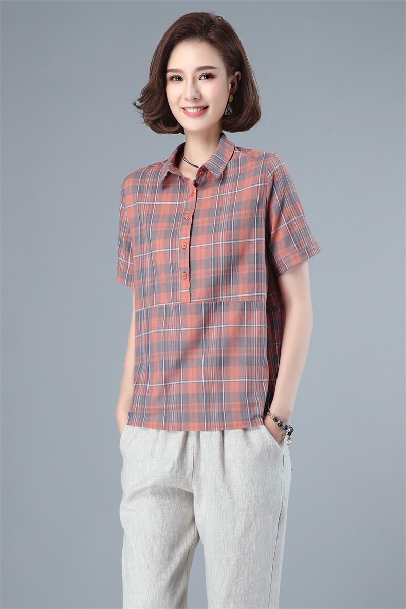 纯棉格子衬衫女2021夏装新款韩版通勤拼接全棉衬衣40-49周岁,女装衬衫,伊满意