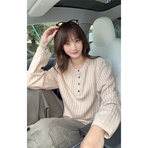 竖条纹老钱风纹理感亨利领美式大码长袖T恤男T24529-特P33控65图片