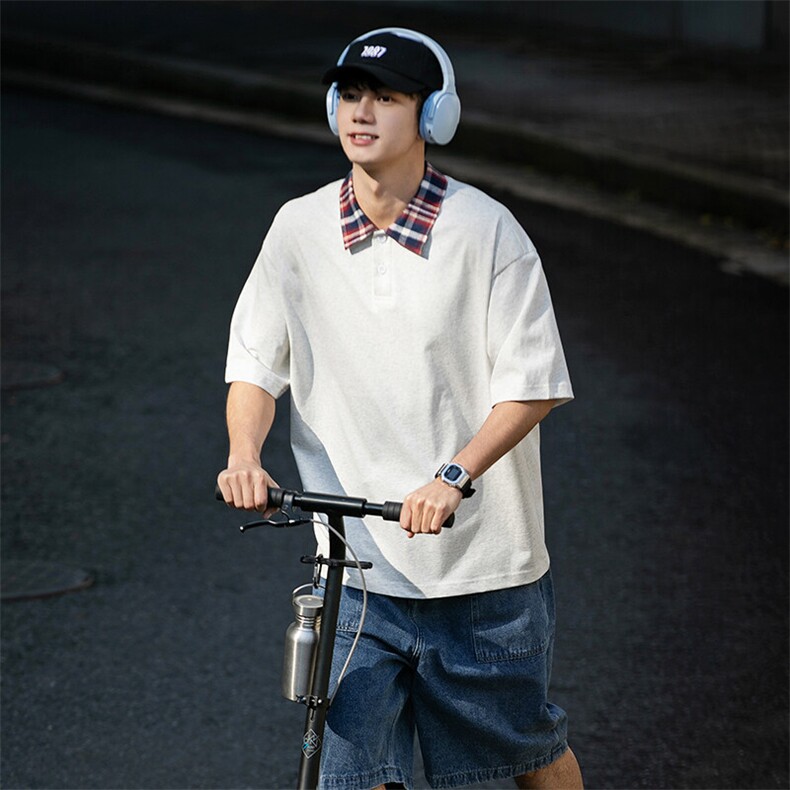 格子撞色拼接翻领短袖T恤男款夏季美式复古潮牌透气宽松百搭上衣,男装T恤,星座717