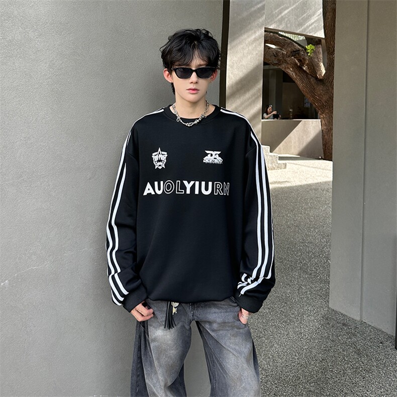 秋季港风宽松条纹三条杠圆领卫衣潮休闲外套XZ808B-WH093-P45，女装短外套，星座808B