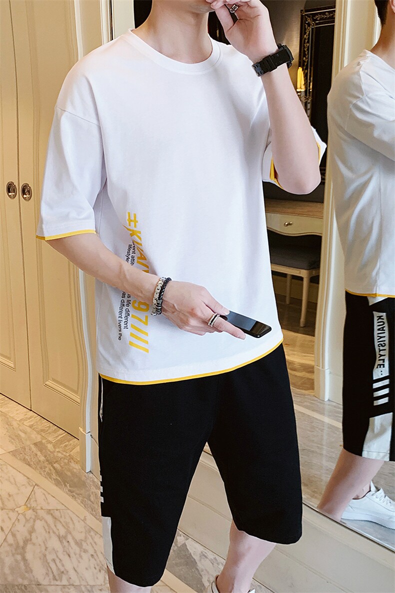 2021夏季新款男士纯棉短袖T恤短裤潮流衣服男装一套T8509-P50,男装休闲套装,星座217-4
