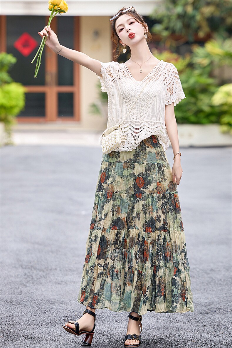 大琳女王【波西米亚】南油新款复古花纹印花拼接高腰半身裙25807,女装套装/套裙,蓝诺裳