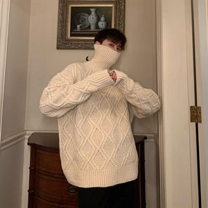 冬季加厚韩版针织衫宽松套头菱格高领毛衣男女T819-P88图片