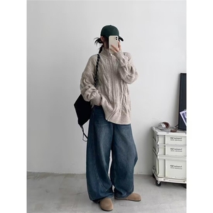 港风春秋款蓝色独特麻花拉链开衫毛衣男女外穿休闲慵懒风针织外套图片