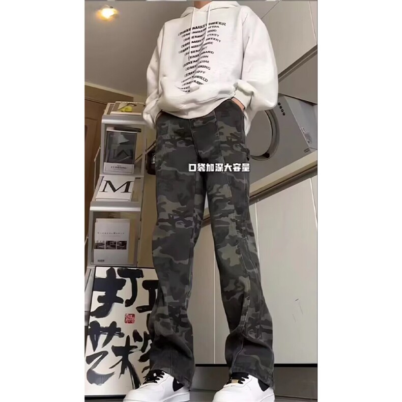 抖音得物美式复古迷彩微喇工装裤男款vibe高街裤子修身牛仔裤AK11,男装牛仔裤,电商A443
