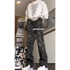 抖音得物美式复古迷彩微喇工装裤男款vibe高街裤子修身牛仔裤AK11，男装牛仔裤，电商A443