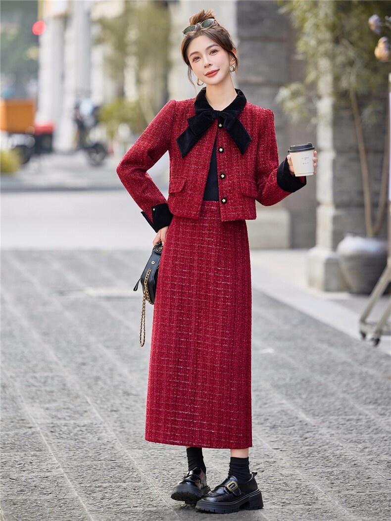 小香风红色粗花呢套装女秋冬气质高级感外套半身裙两件套,女装套装/套裙,意芙