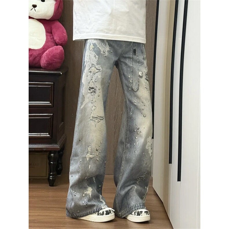 ！美式复古蕾丝印花休闲做旧牛仔裤,男装牛仔裤,星座617C