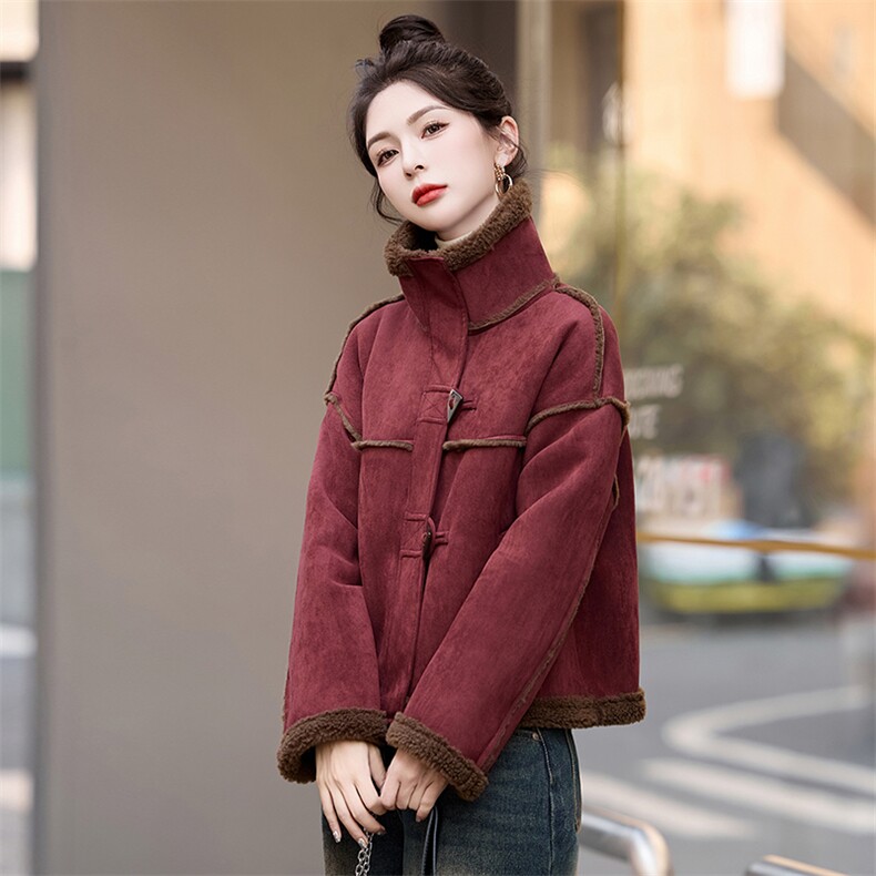 皮毛一体羊羔毛外套女冬2026新款仿鹿皮绒短款加绒加厚机车服上衣,女装棉衣/棉服,蓝诺裳
