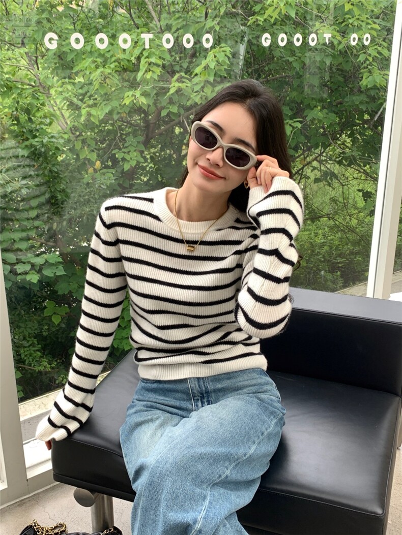 新款圆领女宽松套头休闲上衣针织衫,针织衫/毛衣,玛卡隆羊绒