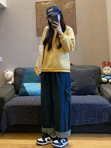 工装牛仔裤男女大码直筒阔腿2024年新款百搭chic港味裤子-N9127图片