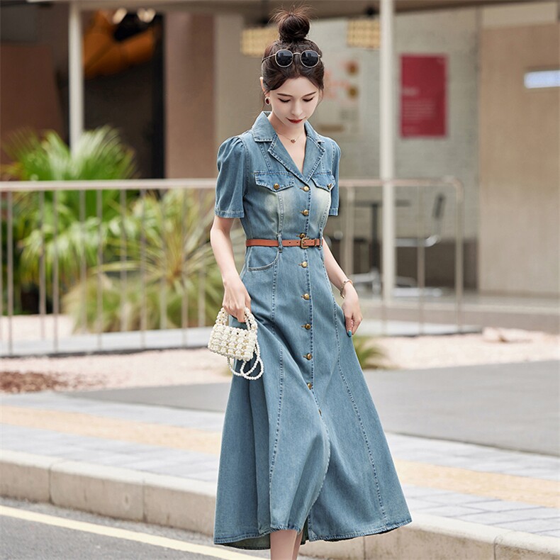 （新款现货）2026年夏季牛仔连衣裙女修身气质长裙休闲复古过膝潮,女装连衣裙,印象茜