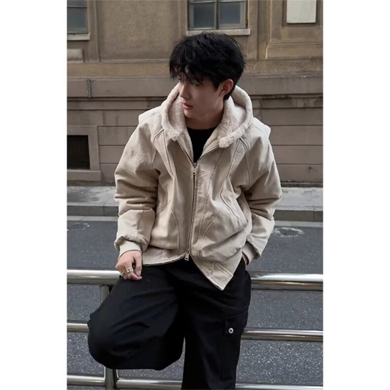 座山雕加绒外套男款cleanfit美式重磅帆布短款连帽飞行员夹克棉服图片