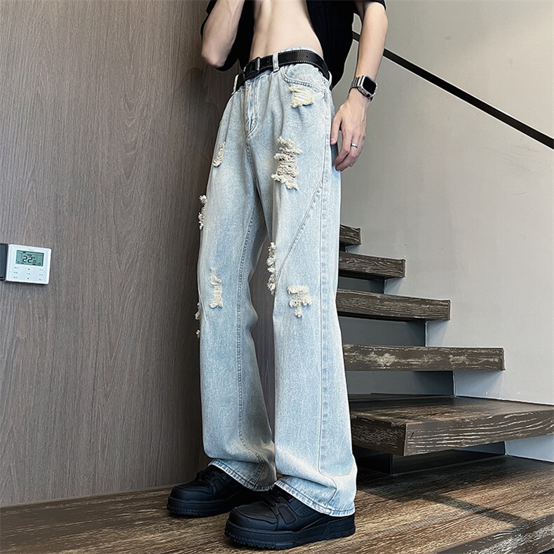 2024夏季新款破洞牛仔裤男美式复古宽松微喇长裤现货K7996-P45,男装牛仔裤,星座512-3