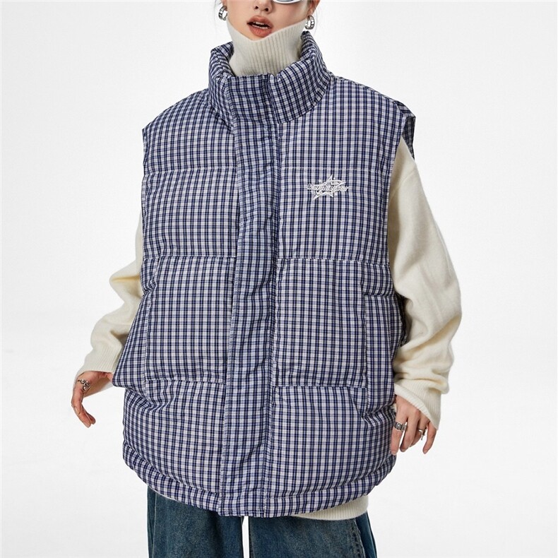 秋冬宽松手塞棉棉服马甲美式复古格纹男女同款款外套,男装背心/马甲,星座1210-1