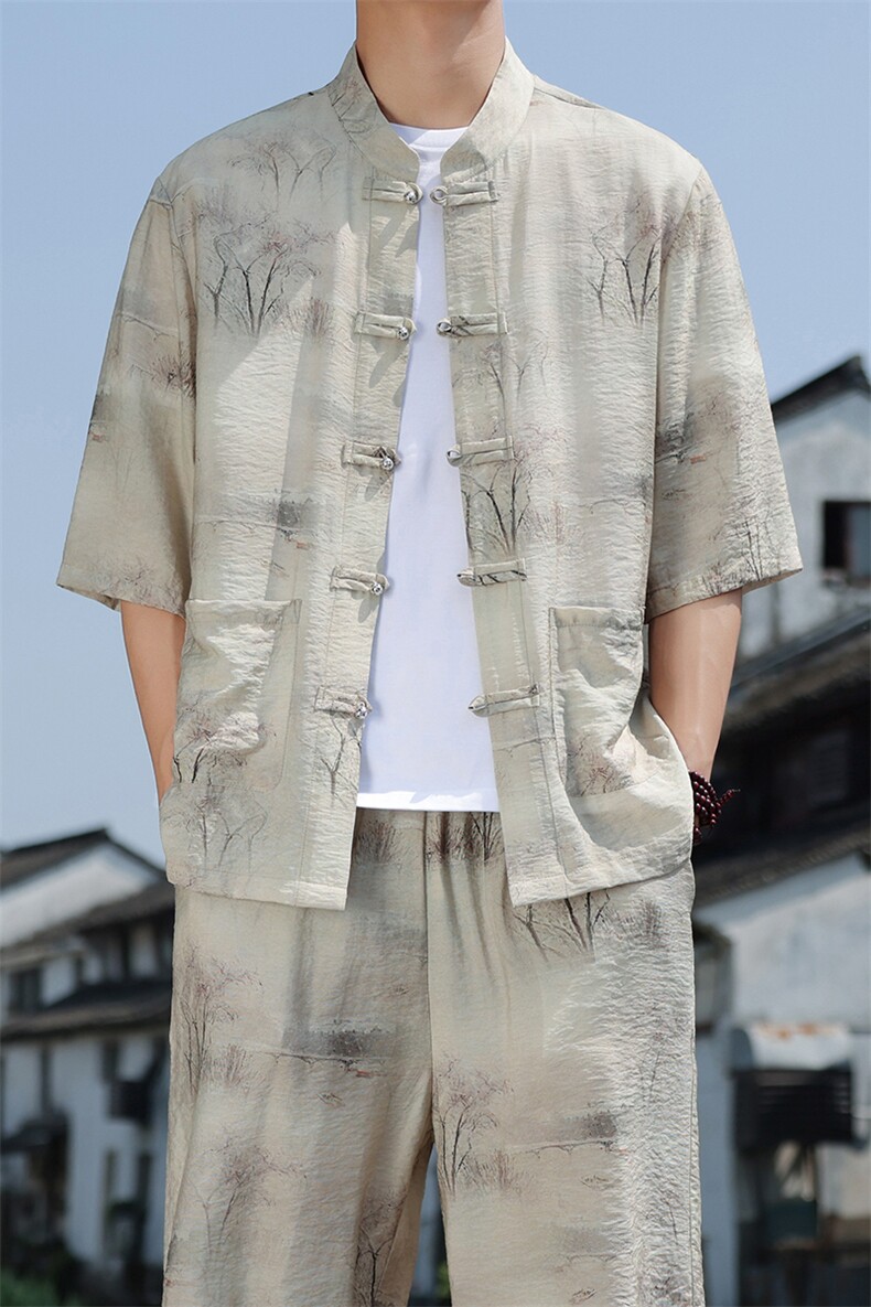 2025夏季新款风男装盘扣新中式唐装油畫印花衬衫C115-P50,男装衬衫,电商B277(原6028)