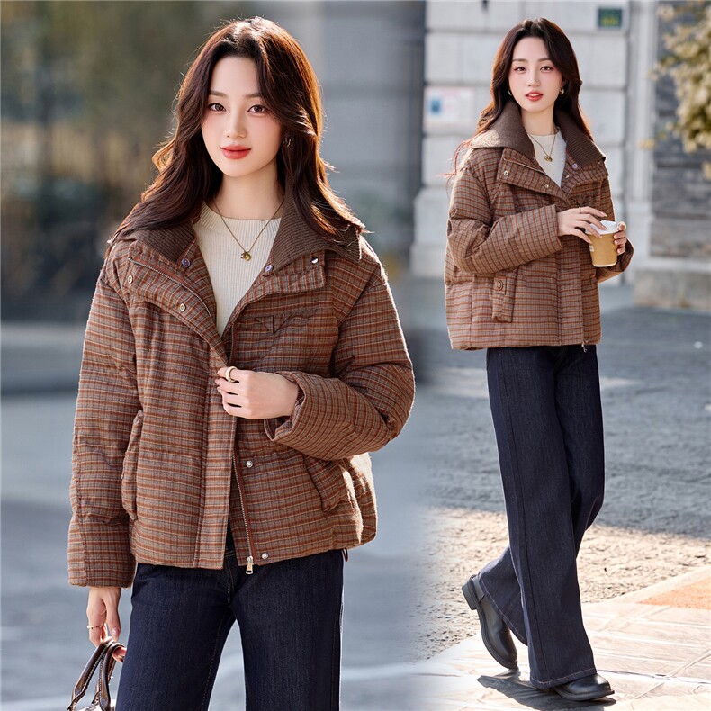 韩版格子石墨烯绒衣女2025冬季新款立领加厚面包服小个子保暖外套,女装棉衣/棉服,悠米