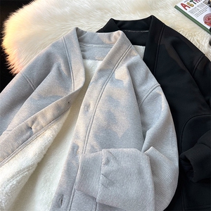 8XL-M羊羔绒开衫卫衣外套男秋冬季V领加绒加厚长袖上衣服KS001P58图片