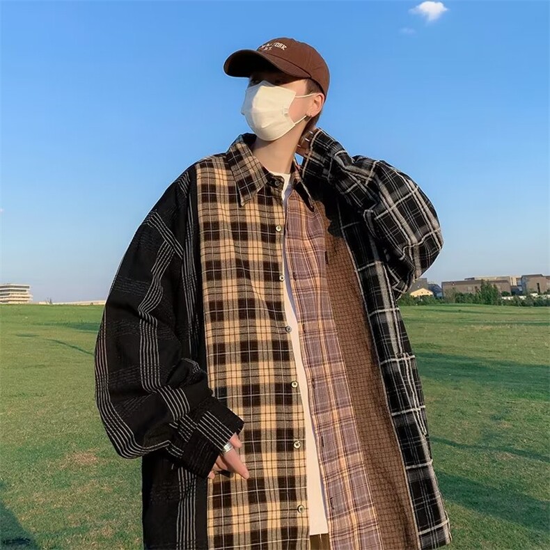 美式复古设计感拼接格子衬衫男宽松不规则撞色衬衣外套W3561-P45,男装衬衫,星座512-2