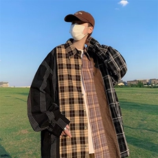 美式复古设计感拼接格子衬衫男宽松不规则撞色衬衣外套W3561-P45，男装衬衫，星座512-2