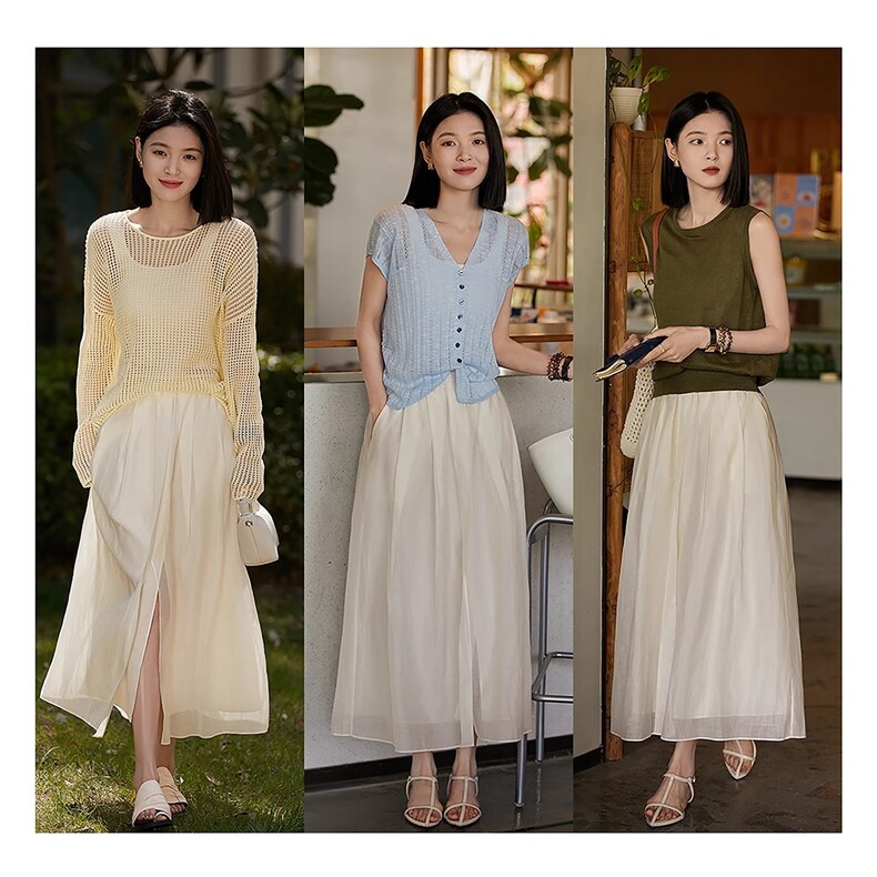 柔光拂夏|前后开叉设计松紧腰半身裙女A字中长裙夏新,女装半身裙,梦白服饰厂