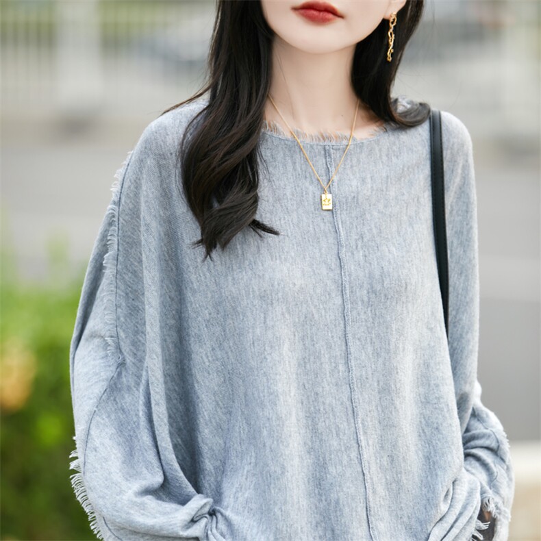 秋新款圆领精纺羊毛衫女套头针织衫时尚宽松蝙蝠衫打底衫毛衣薄款，女装针织衫/毛衣，总能电商供货