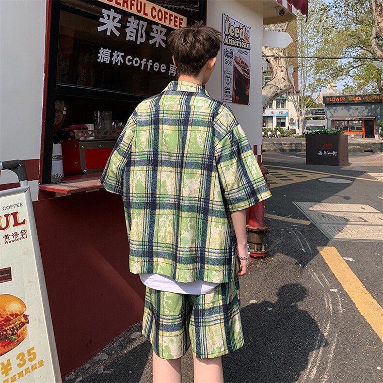 2025美式扎染印花冰丝凉感格子短袖衬衫薄套装TZ5600/特P45绿5,男装T恤,电商A094