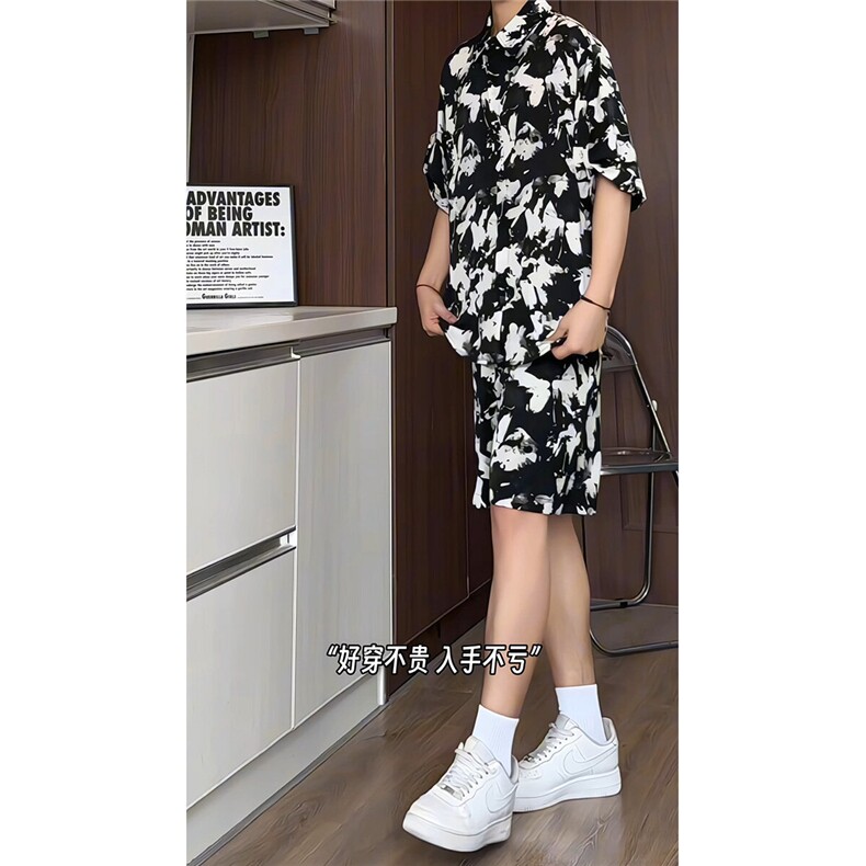 泼墨扎染短裤男短袖衬衫男套装男M-5XL大码TZ78715P50控98模特图,男装牛仔裤,星座226-1