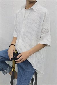 夏款速干防晒五分袖加长衬衫 宽松蝙蝠袖条纹防晒长男衬衫D329图片