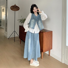 秋装大量现货！衬衫牛仔马甲半身裙三件套2C133-8909-P185-K248，女装套装/套裙，2C133