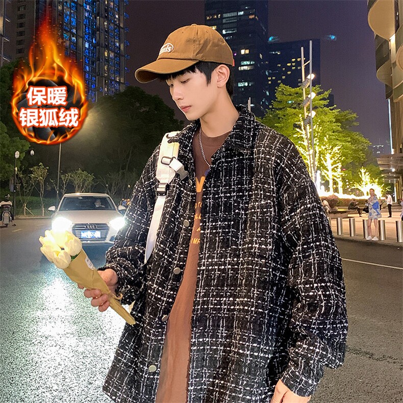 冬款oversize加绒加厚夹克男千鸟格翻领长袖外套J25025J加绒-P80图片