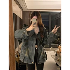 美式复古小众设计感拉链宽松水洗牛仔外套男女春季高街夹克上衣潮，男装工装外套，星座1210-1