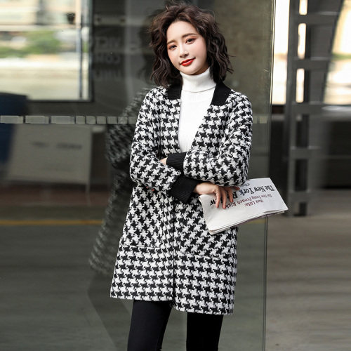 千鸟格毛呢外套女中长款2022年冬装新款加厚气质百搭格纹呢子大衣,女装毛呢外套,霓裳依族