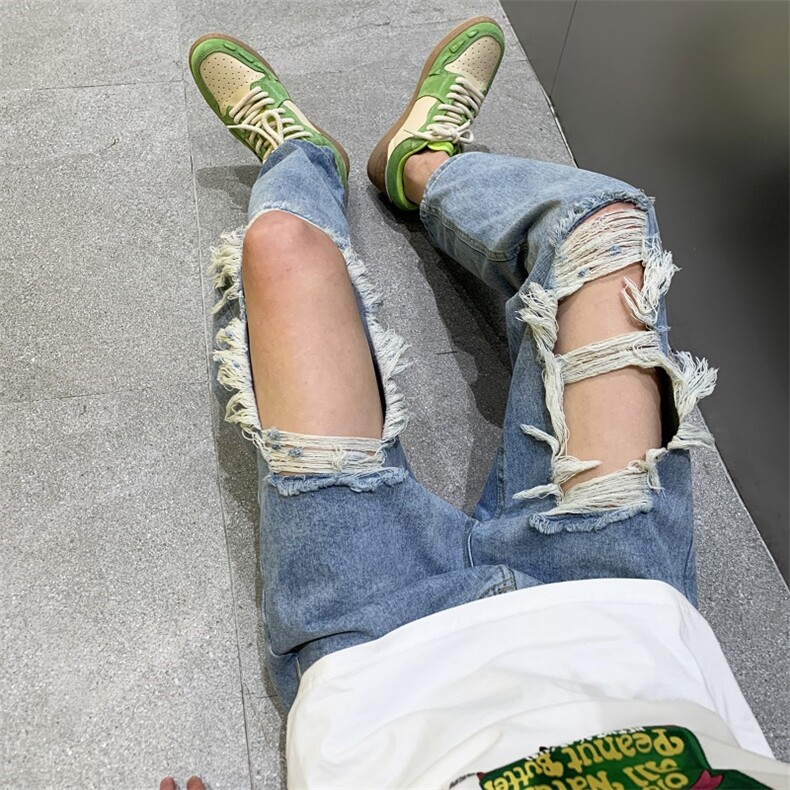 高街膝盖大破洞阔腿牛仔裤男2023年春夏乞丐老爹裤子N06003-P40图片