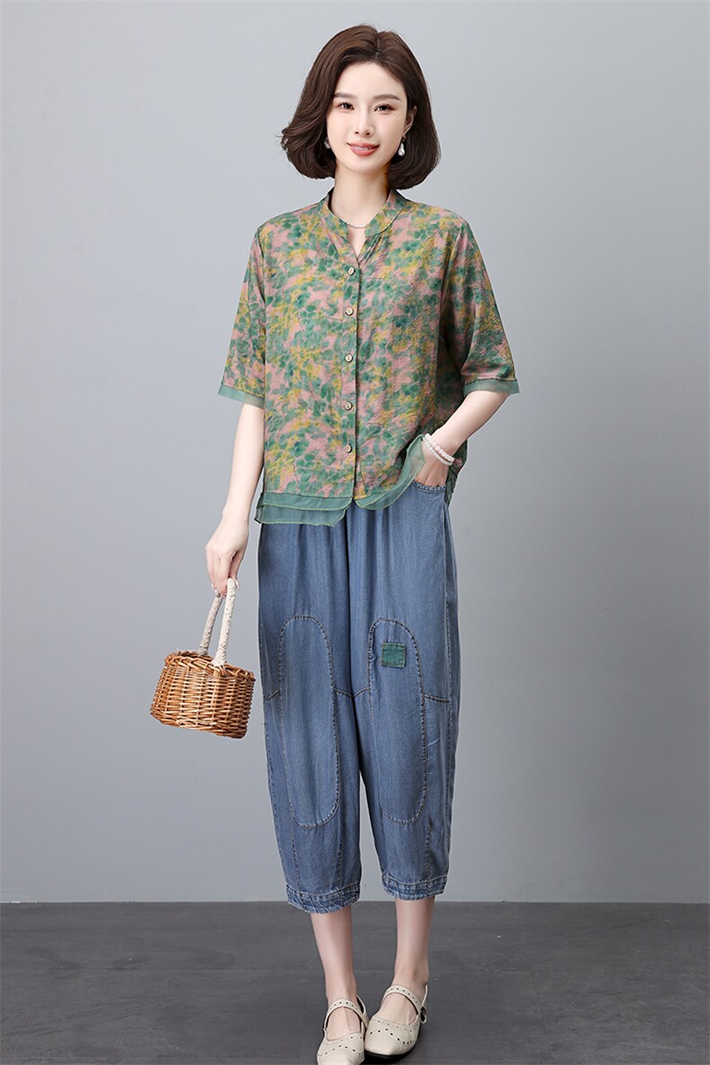 优雅复古印花短袖上衣+宽松牛仔裤套装女夏装新款时尚两件套,女装套装/套裙,叶笙衣