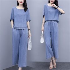 时尚牛仔套装女夏2025年夏季新款女装气质夏天坠感阔腿裤两件套裤，商品下架区，芷墨服饰