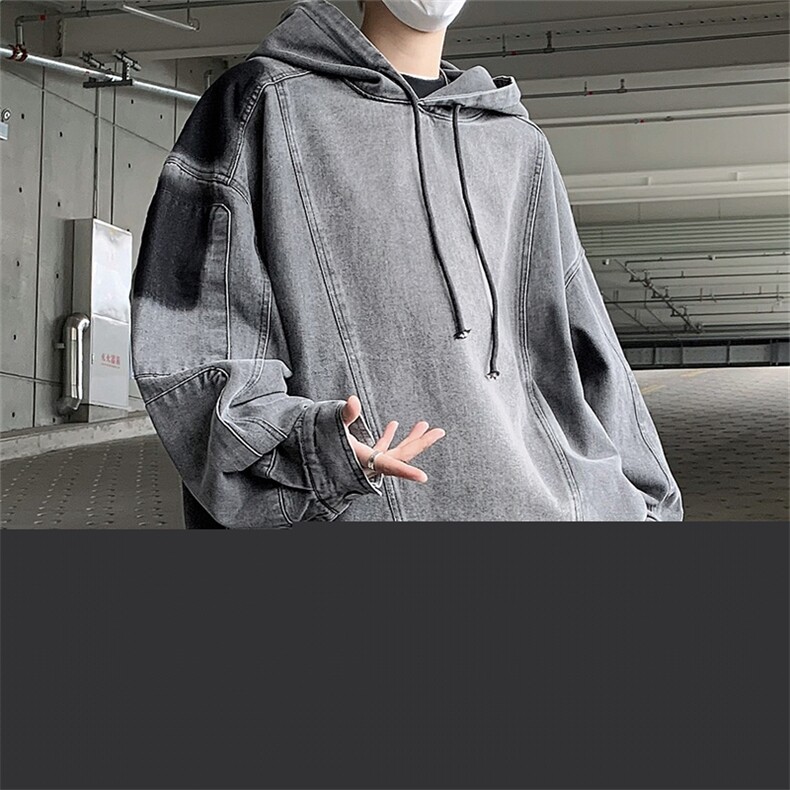 美式复古做旧拼接牛仔卫衣连帽外套潮牌欧美街头vint机车服男街景图片