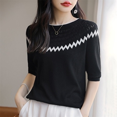 撞色镂空设计圆领针织五分袖T恤女简约2025夏季新款百搭短袖背心，女装T恤，暖烁羊绒